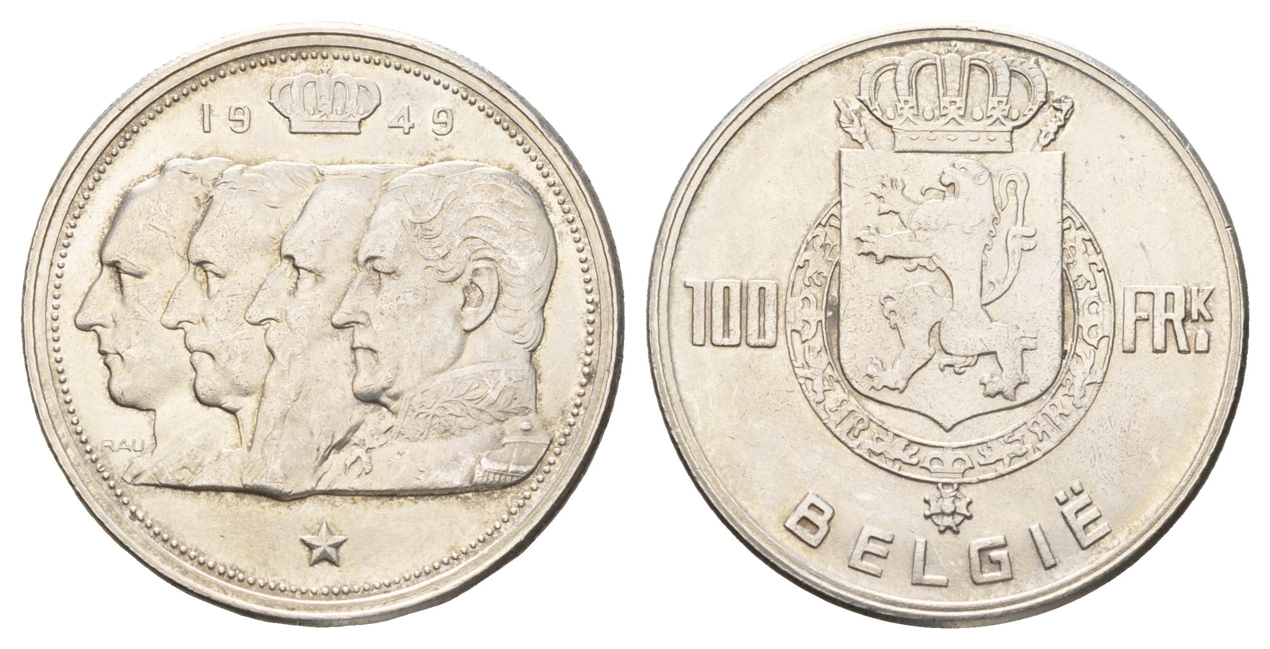 Бельгия 100 франков 1949 Belgie, королевская династия KM 139 серебро 1518-1124