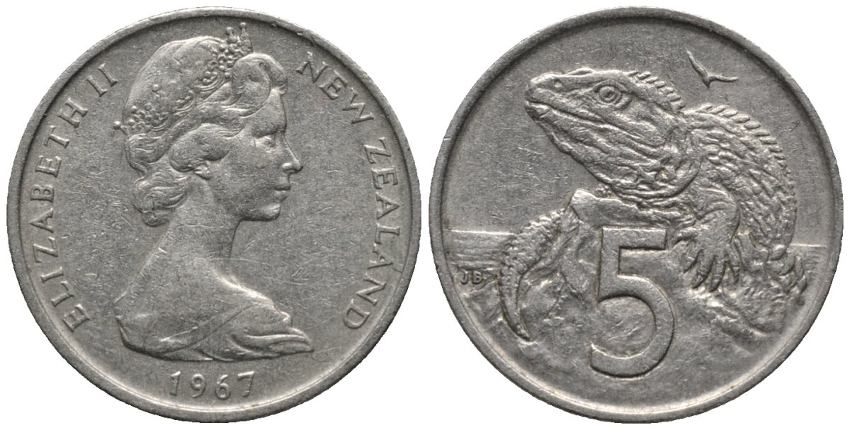 Новая Зеландия 5 центов 1967 Елизавета II (1952-2022), ящерица гаттерия KM 34.1 медно-никель 54-1267