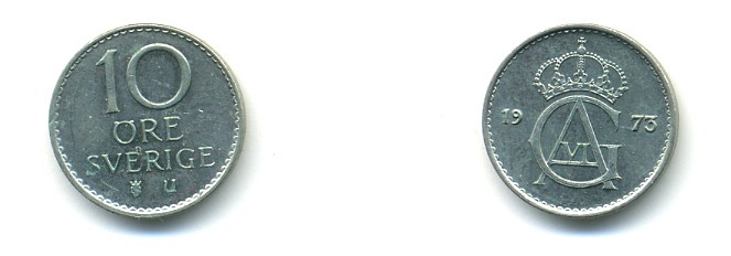Швеция 10 эре 1973 U, Густав VI Адольф (1950-1973) KM 835 медно-никель 80-766