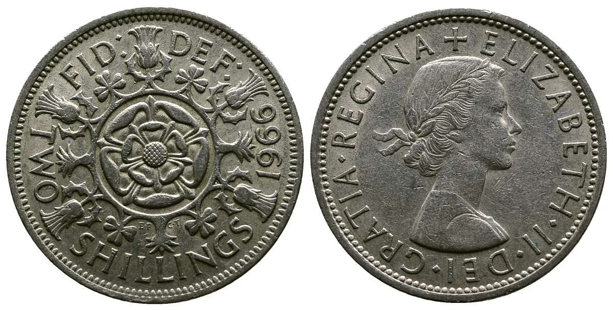 Великобритания 2 шиллинга (флорин) 1966 Елизавета II (1952-2022) KM 906, Spink 4146 медно-никель 4382-724