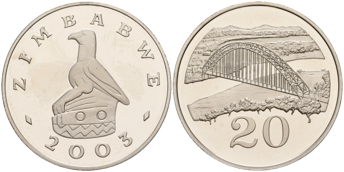 Зимбабве 20 центов 2003 мост Бирченоу KM 4a сталь плакированная никелем PROOF 3711-531