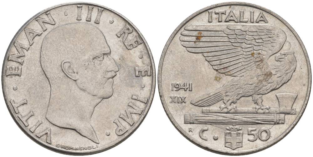 ИТАЛИЯ 50 ЧЕНТЕЗИМО 1941 R, ГОД XIX, ВИКТОР ЭММАНУИЛ III (1900-1946) KM 76b, VEM3. 1063 нержавеющая сталь 3853-413