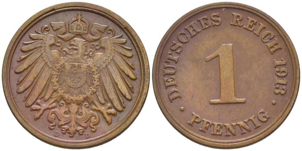 ГЕРМАНИЯ 1 ПФЕННИГ 1913 D KM 10, J. 10, Weege 2 медь 206-423