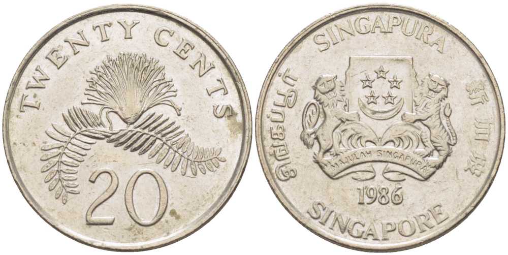 Сингапур 20 центов 1986 KM 52 медно-никель 4448-942