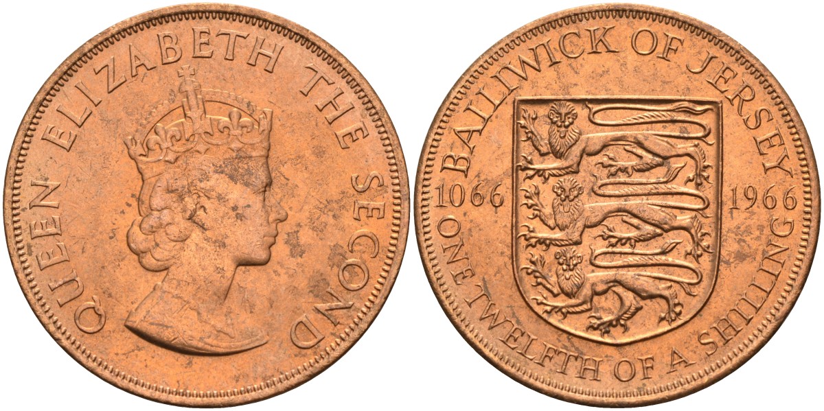 Джерси 1/12 шиллинга 1966 900 лет Нормандскому завоеванию KM 26 бронза UNC 4367-415