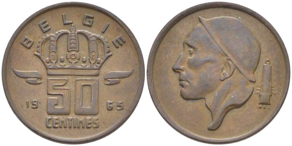 БЕЛЬГИЯ 50 САНТИМОВ 1965 BELGIE, БОДУЭН I (1951-1993) KM 149.1 бронза 116-1028