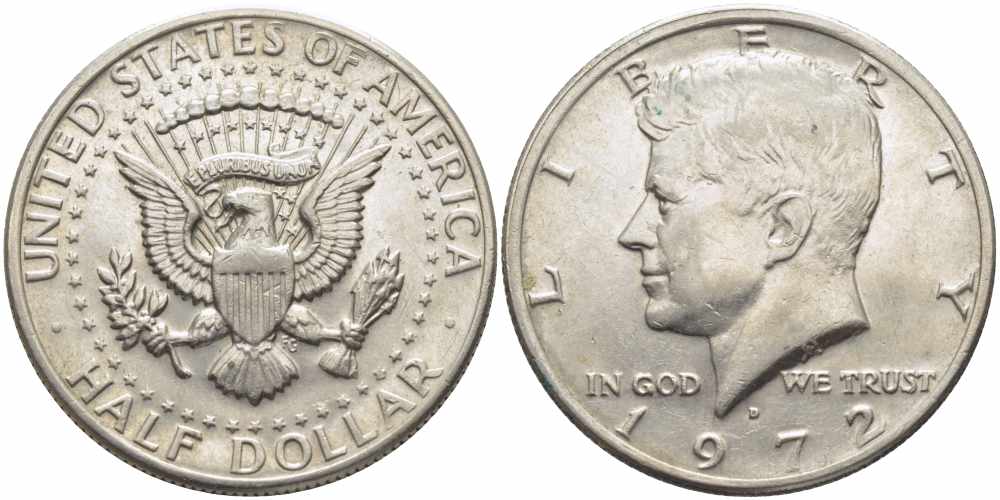 США 1/2 доллара (50 центов) 1972 D, Джон Кеннеди KM 202b медь плакированная медно-никелем 72-142