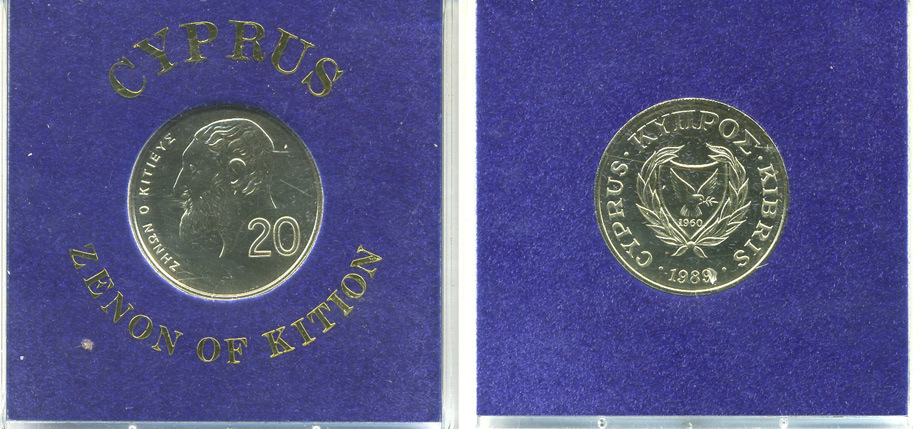 Кипр 20 центов 1989 ZENON OF KITION, в оригинальной пластиковой упаковке KM 62.1 бронза  PROOF  1-5-2-54