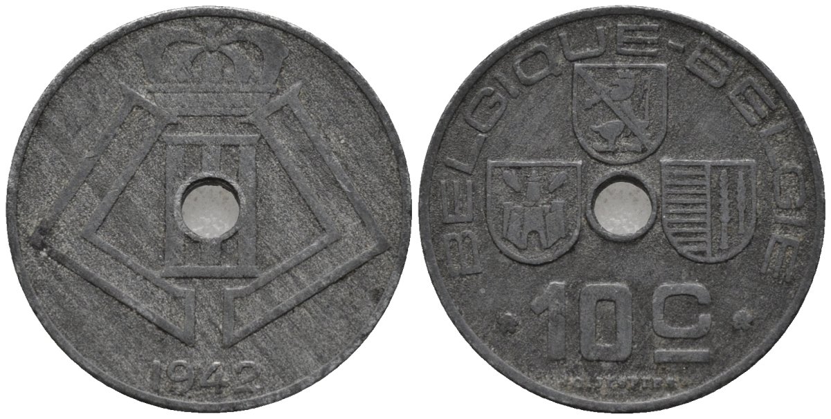 Бельгия 10 сантимов 1942 Belgique - Belgie, Леопольд III (1934-1947), германская оккупация, Вторая мировая война KM 125 цинк 4579-935