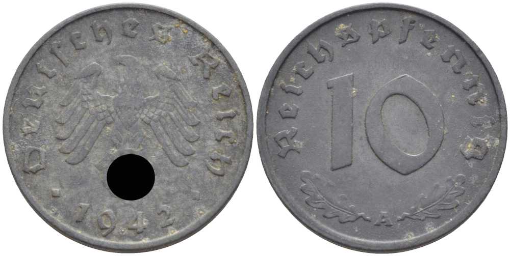 ГЕРМАНИЯ 10 РЕЙХСПФЕННИГОВ 1942 A KM 101, J. 371 цинк 4401-635