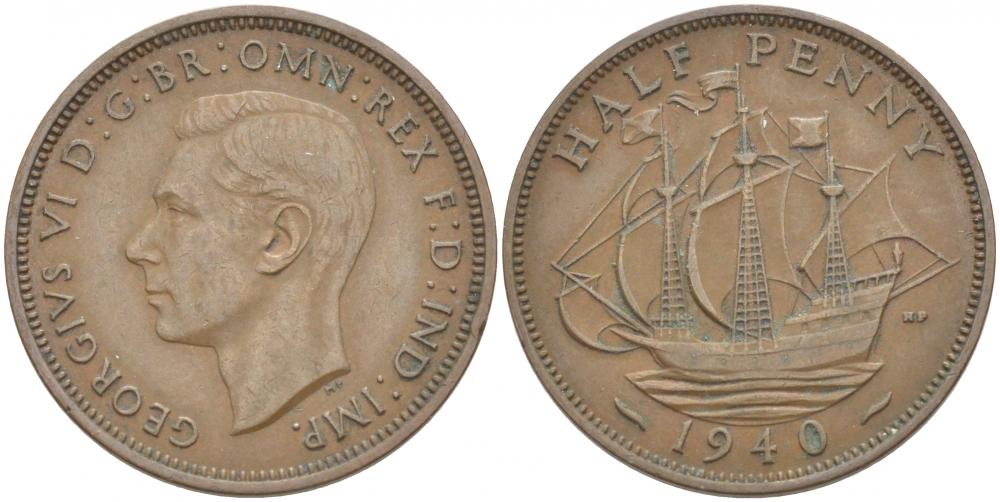 Великобритания 1/2 пенни 1940 Георг VI (1936-1952) KM 844, Spink 4115 бронза 212-1214