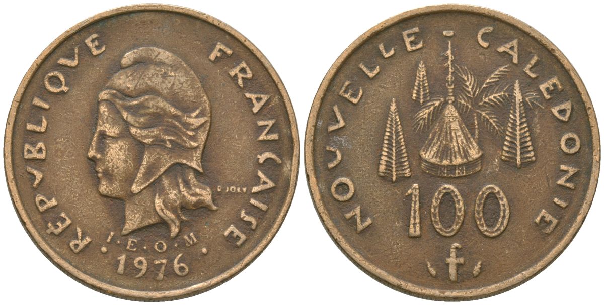 Французская Новая Каледония 100 франков 1976 хижина среди сосен и пальм, (IEOM) KM 15, Schoen 16, Lec 130 никель бронза 88-235