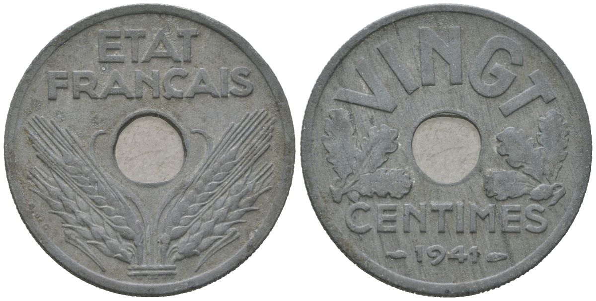 Франция 20 сантиов 1941 KM 899, Le Franc 152 цинк 4584-422