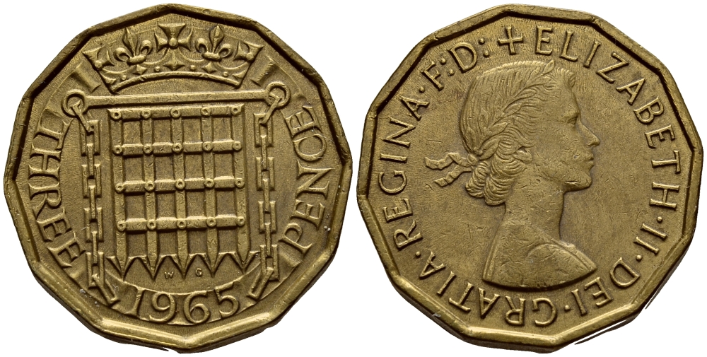 Великобритания 3 пенса 1965 Елизавета II (1952-2022) KM 900, Spink 4153 никель латунь 4393-951