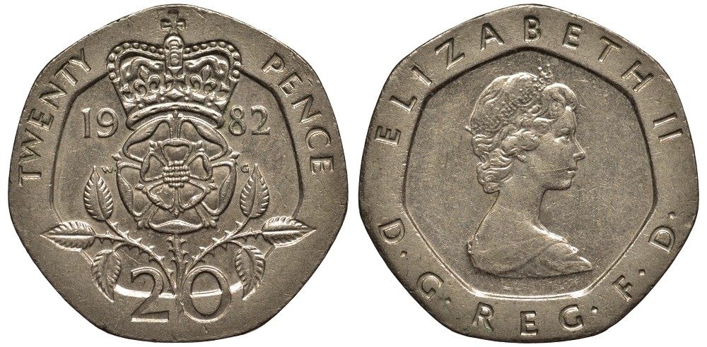 Великобритания 20 пенсов 1982 Елизавета II (1952-2022) KM 931, Spink 4230 (G1) медно-никель 186-846