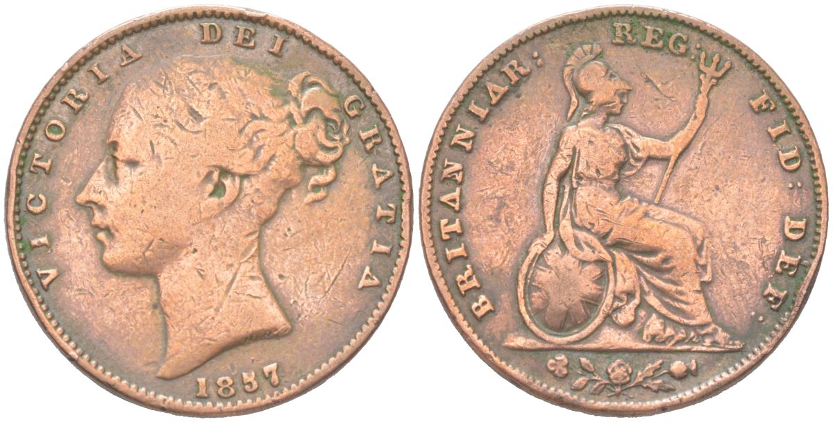 Великобритания 1 фартинг 1857 Виктория (1837-1901), редкий год KM 725, Spink 3950 медь 4613-417