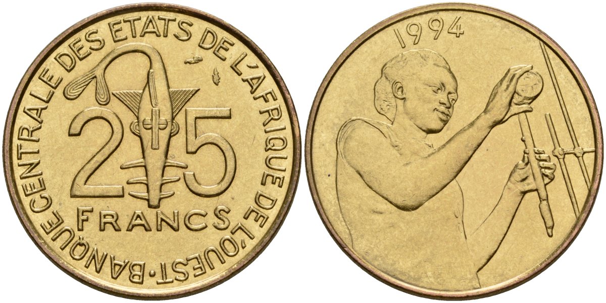 Западная Африка (BCEAO) 25 франков 1994 KM 9 алюминиевая бронзза UNC 4591-227