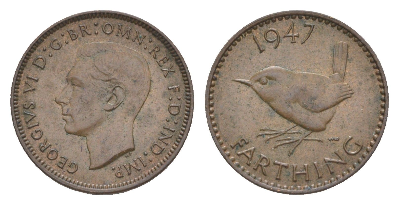 Великобритания 1 фартинг 1947 Георг VI (1936-1952) KM 843, Spink 4116 бронза 3457-1236