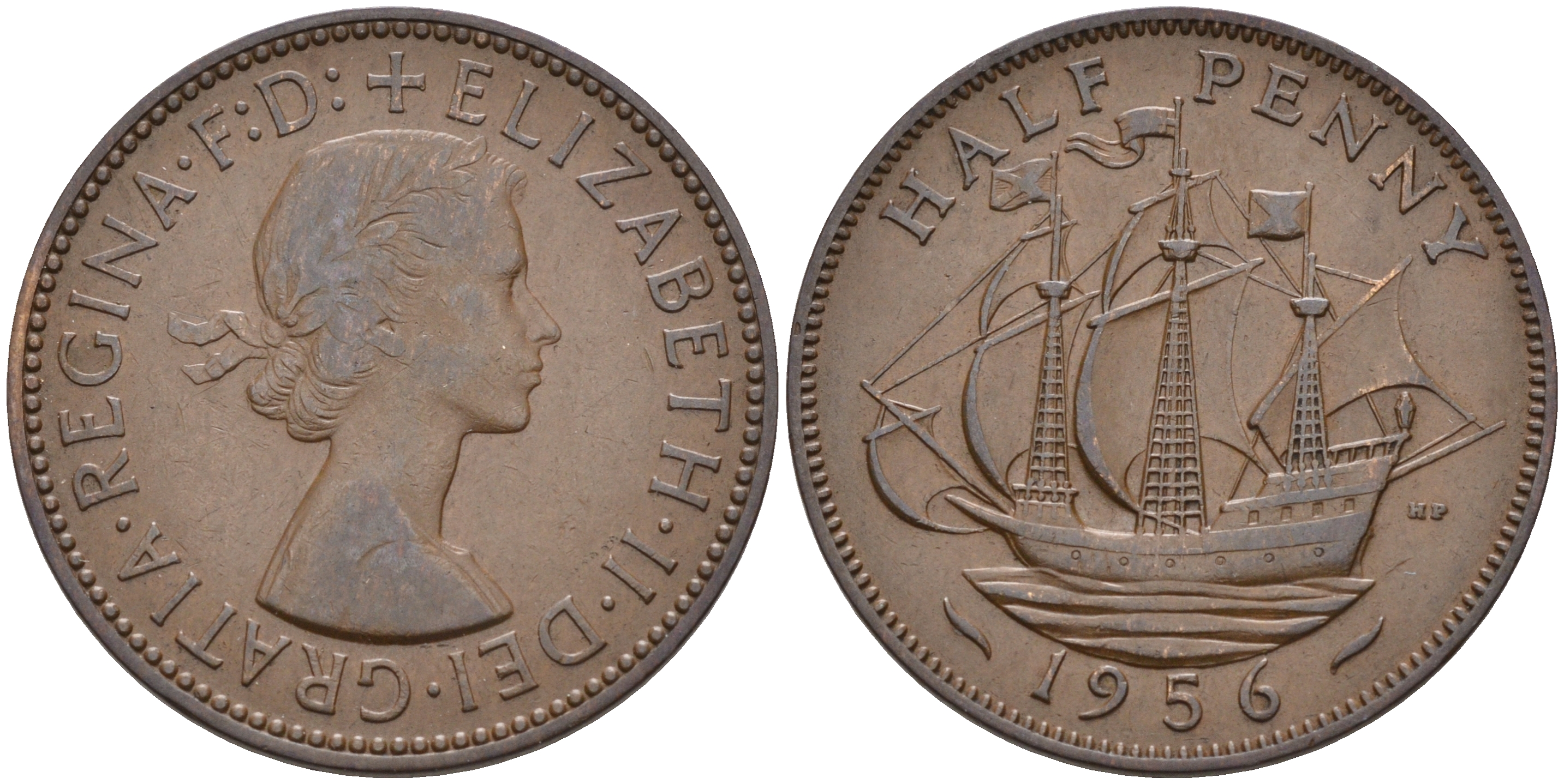 Великобритания 1/2 пенни 1956 Елизавета II (1952-2022) KM 896, Spink 4158 бронза 4592-347