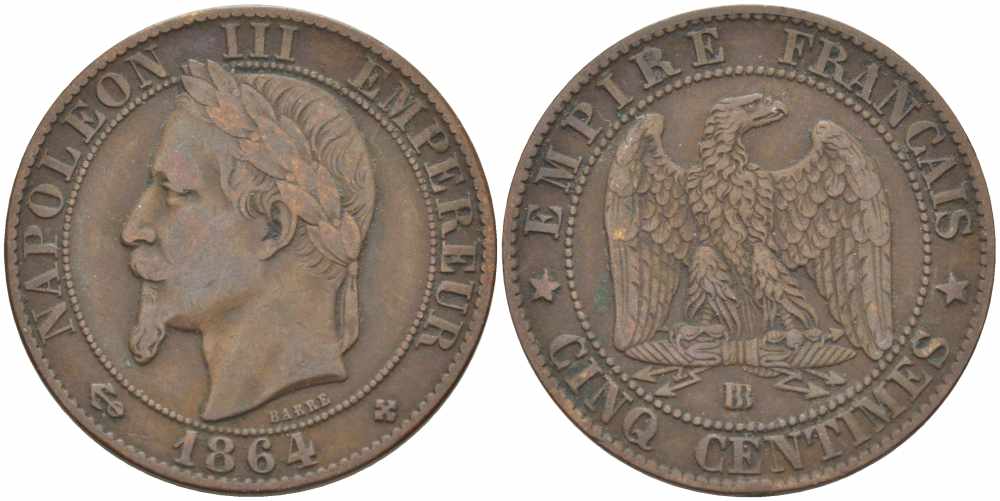 ФРАНЦИЯ 5 САНТИМОВ 1864 BB, НАПОЛЕОН III (1852-1870) KM 797.2, LE FRANC 117.12 бронза 108-554