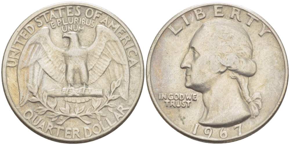 США 25 центов (квотер) 1967 Вашингтон KM 164a медь плакированная медно-никелем 4402-1154