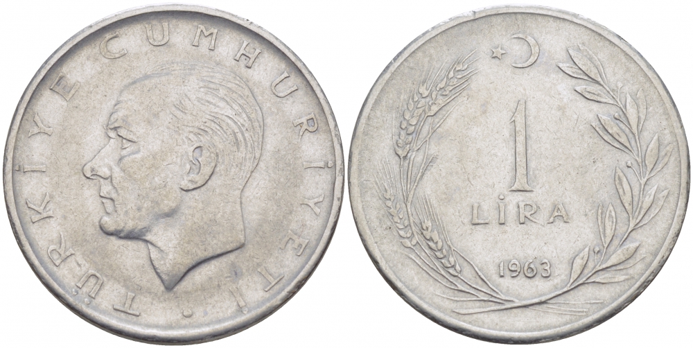 Турция 1 лира 1963 Мустафа Кемаль Ататюрк KM 889а.1 нержавеющая сталь 4529-1246