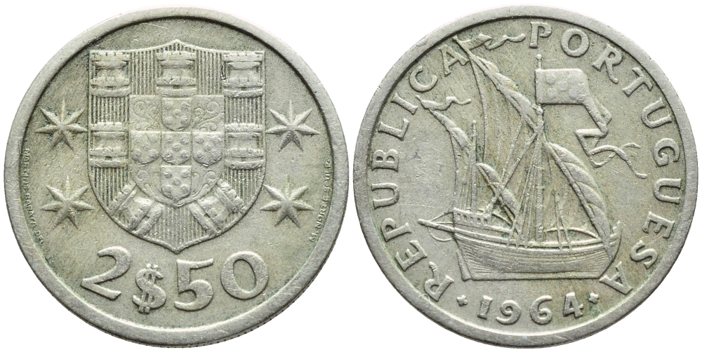 Португалия 2,5 эскудо 1964 парусник KM 590 медно-никель 4392-1334