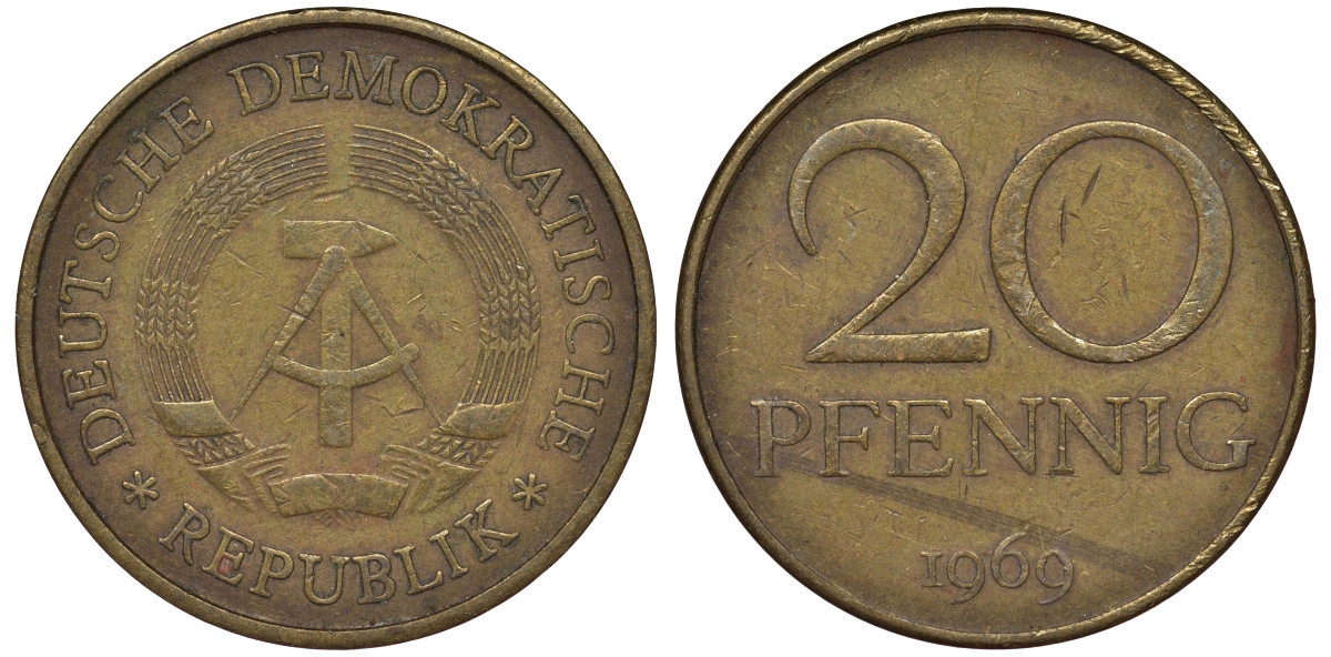 ГДР 20 пфеннигов 1969 А, первый год KM 11 латунь 62-1025