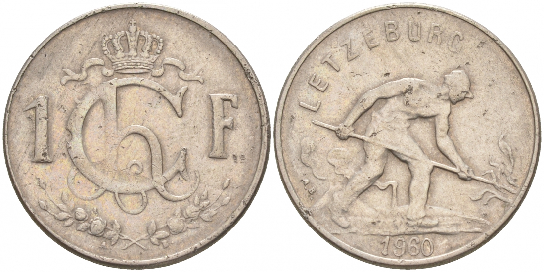 Люксембург 1 франк 1960 сталевар KM 46.2 медно-никель 68-617