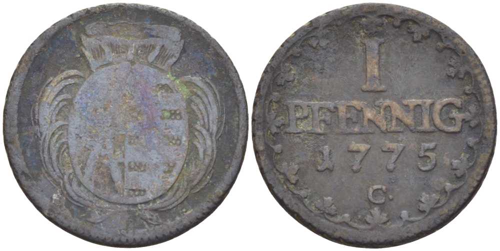 САКСОНИЯ 1 ПФЕННИГ 1775 С, ФРИДРИХ АВГУСТ III (1763-1806) KM 1000 (С91) медь 206-349