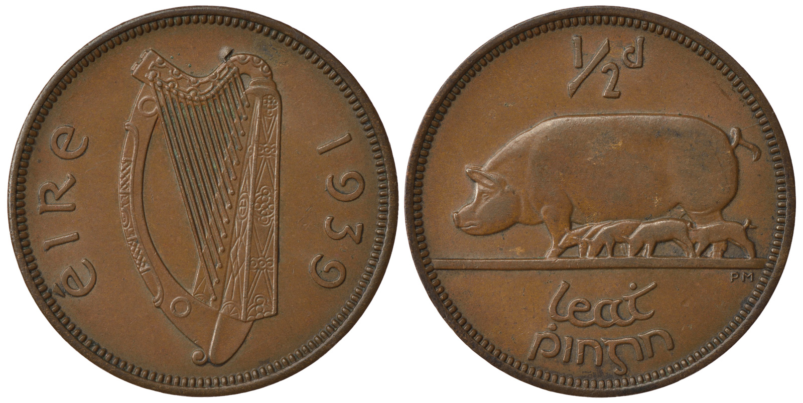 ИРЛАНДИЯ 1/2 ПЕННИ 1939 СВИНЬЯ С ПОРОСЯТАМИ KM 10 бронза 1525-914