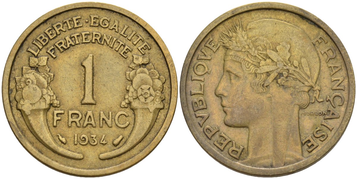 Франция 1 франк 1934 KM 885, Le Franc 219.2 алюминиевая бронза 4142-824