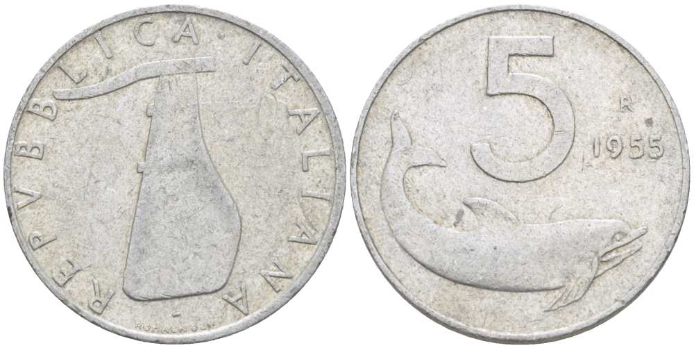 ИТАЛИЯ 5 ЛИР 1955 R, РУЛЬ, ДЕЛЬФИН KM 92 алюминий 175-122