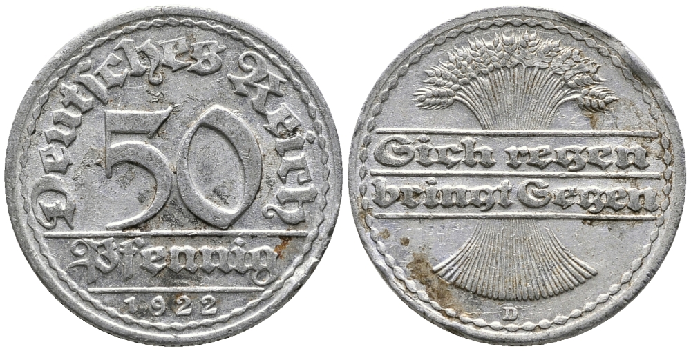 ГЕРМАНИЯ 50 ПФЕННИГОВ 1922 D KM 27, J. 301 алюминий 24-1056