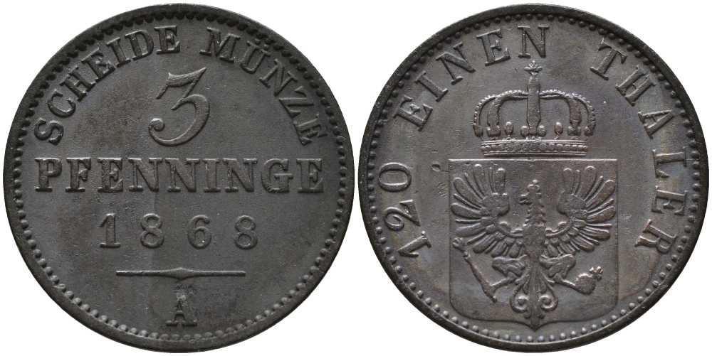 ПРУССИЯ 3 ПФЕННИГА 1868 А, ВИЛЬГЕЛЬМ I (1861-1888) KM 482 медь 4448-1124
