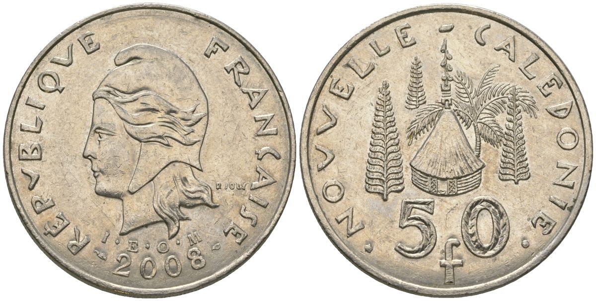 Французская Новая Каледония 50 франков 2008 хижина среди сосен и пальм, (IEOM) KM 13a, Schoen 15a, Lec 128i медно-никель 114-246