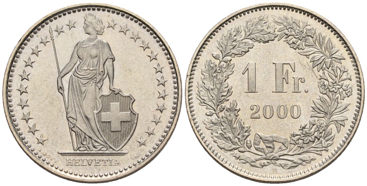 Швейцария 1 франк 2000 B HMZ 2.1204, Divo/Tob19.307a, KM 24a, Schoen 28a, Schoen 58 медно-никель UNC 4514-521
