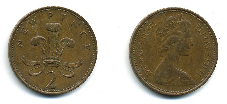 Великобритания 2 пенса 1971 Елизавета II (1952-2022) КМ 916, Spink 4235 (C1) бронза 4110-653
