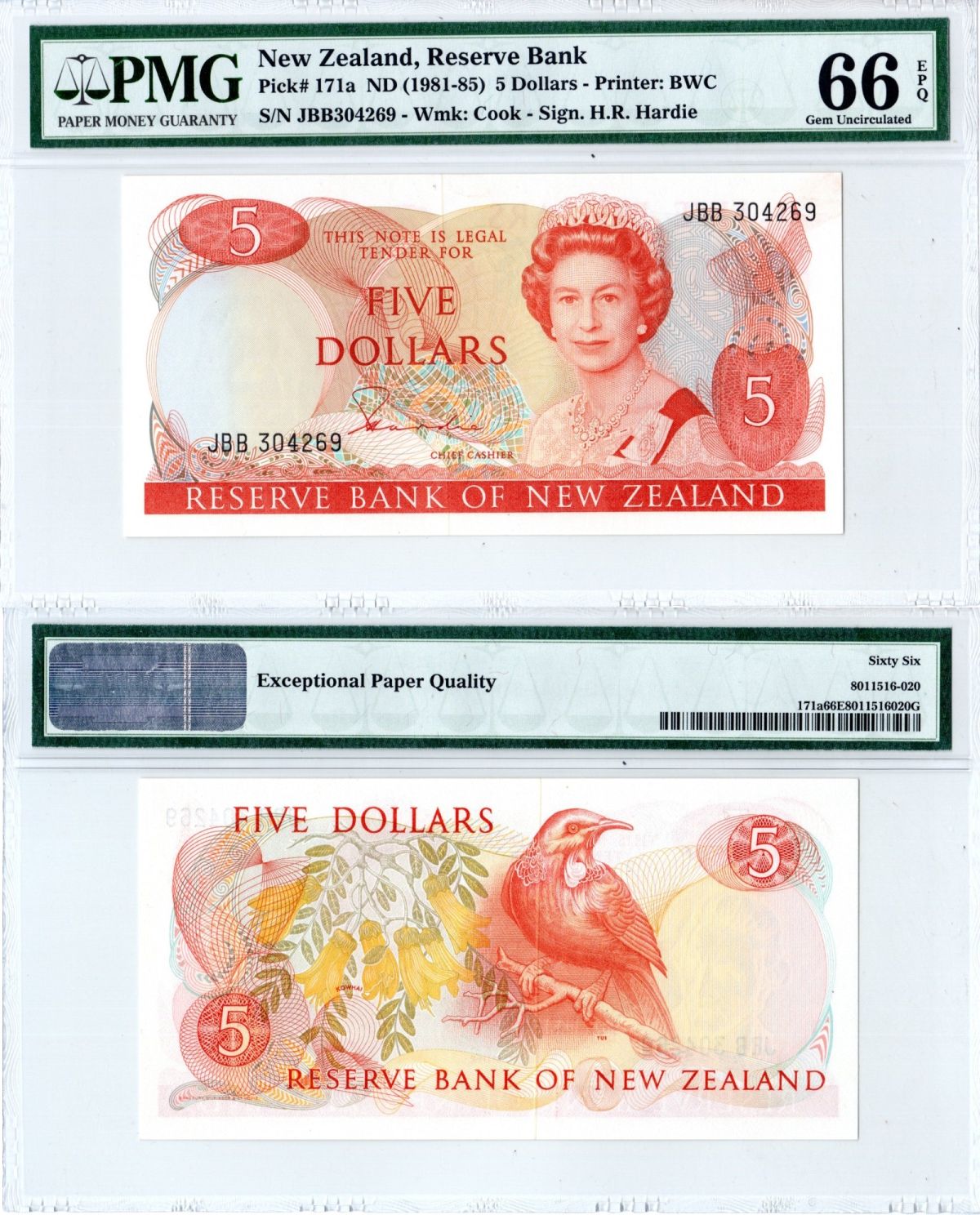 Новая Зеландия 5 долларов ND (1981-1985) в холдере PMG 66, Елизавета II (1952-2022), птица Новозеландский туи Pick 171 а бумага UNC (пресс) 452-3-02