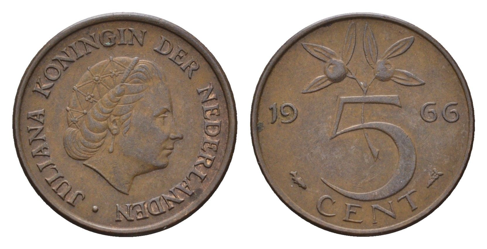Нидерланды 5 центов 1966 Юлиана (1948-1980) KM 181 бронза 4685-125