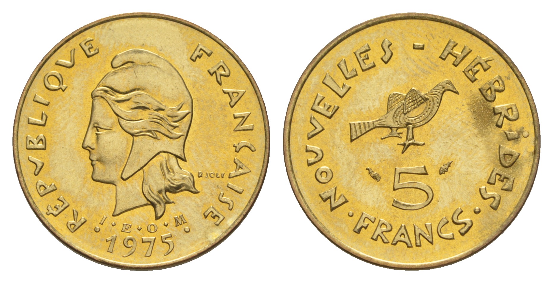 Французские Новые Гебриды 5 франков 1975 заморские территории KM 6.2 медь алюминий никель  aUNC  4641-123