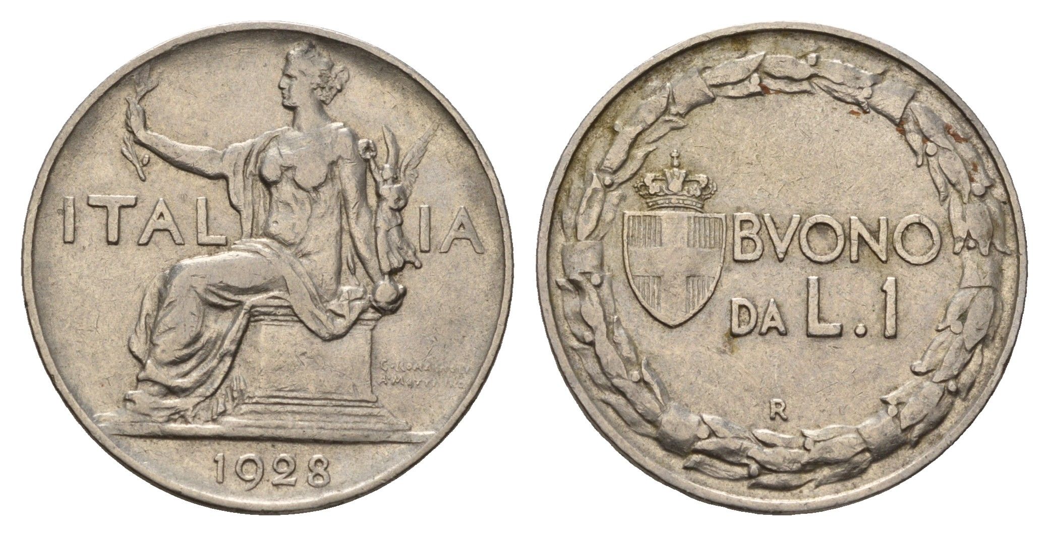 Италия 1 лира 1928 R, Виктор Эммануил III (1900-1946) KM 62 никель 181-125