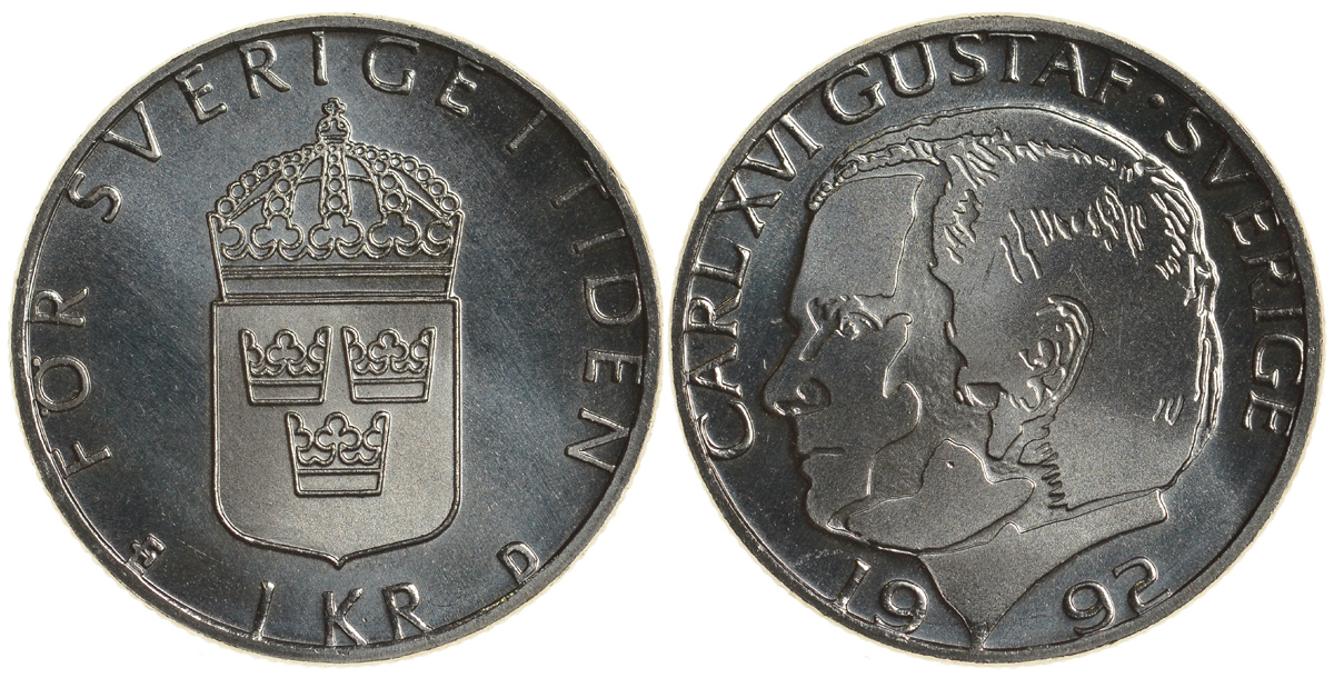 Швеция 1 крона 1992 Карл XVI Густав (1973- ) KM 852a медно-никель UNC 4179-1235