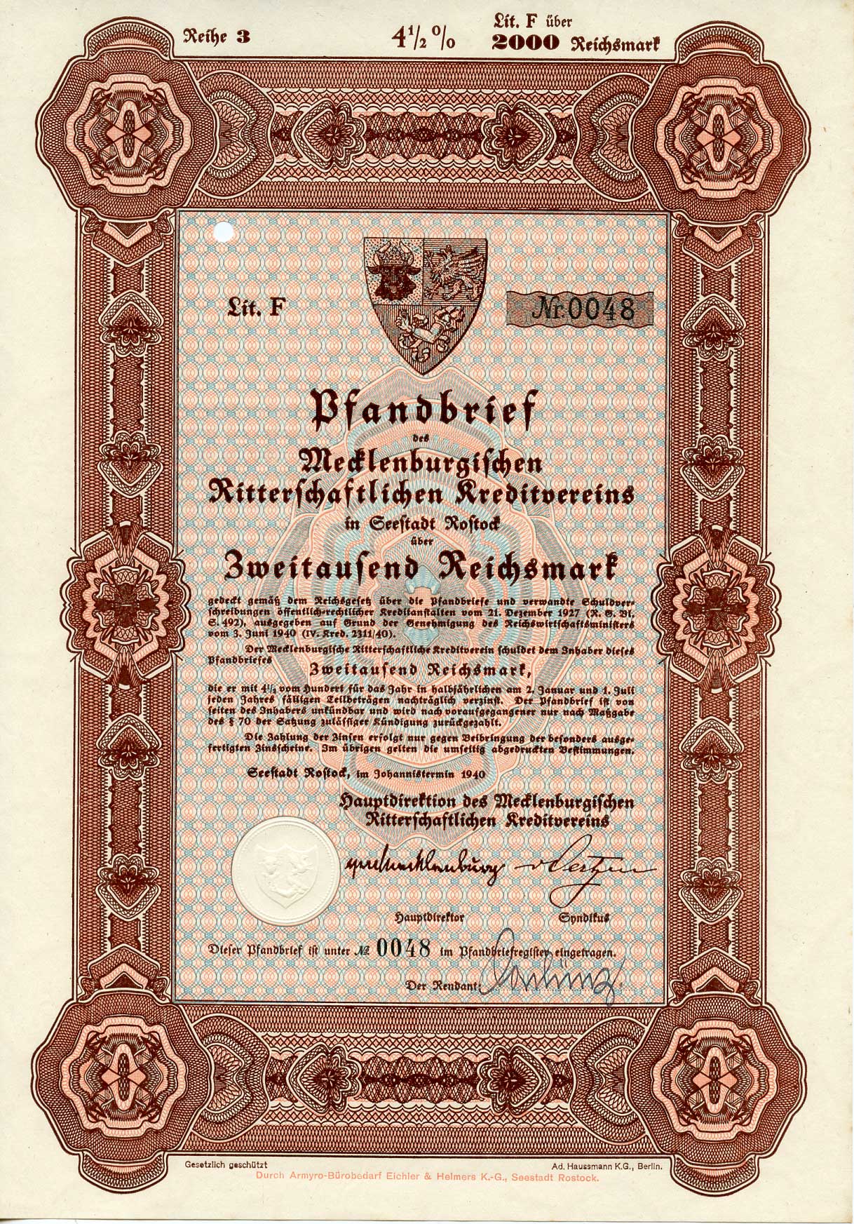 Германия 2000 рейхсмарок 1940 Мекленбургский рыцарский кредитный клуб, 4 1/2%, облигация   бумага   8803-45-1