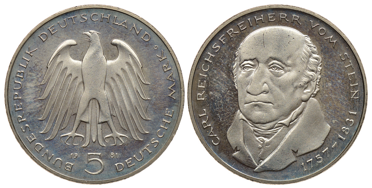 ФРГ 5 марок 1981 G, 150 лет со дня смерти Карла фон Штейна KM 155, J. 430 медно-никель плакированный никелем плакированный никелем PROOF 413-4412