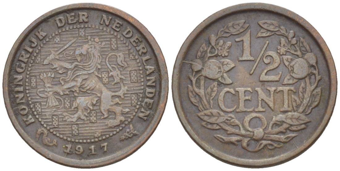 НИДЕРЛАНДЫ 1/2 ЦЕНТА 1917 ВИЛЬГЕЛЬМИНА I (1891-1948) KM 138 бронза 4547-1246