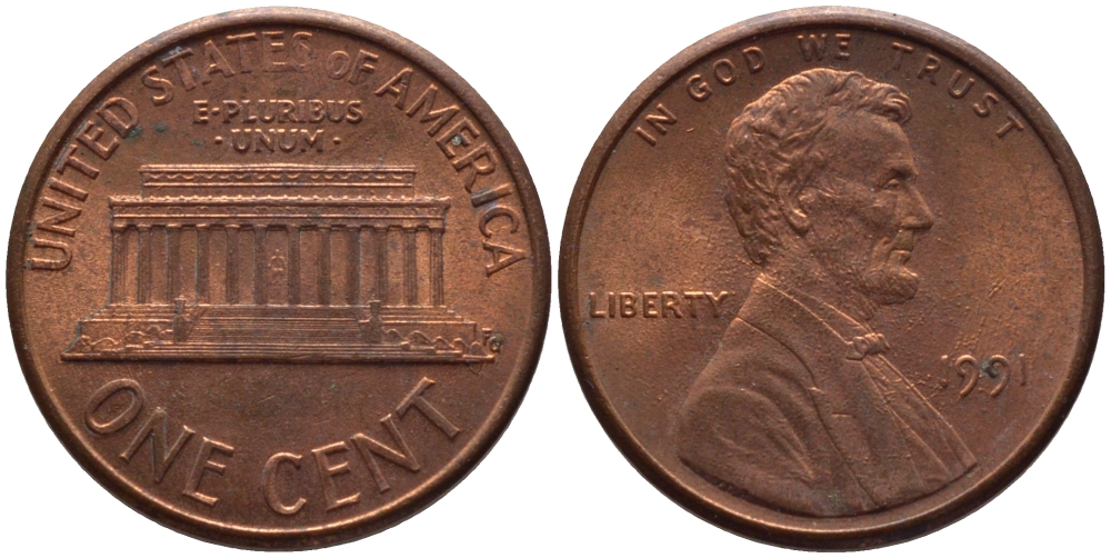 США 1 ЦЕНТ 1991 ЛИНКОЛЬН KM 201b цинк плакированный медью 66-1042