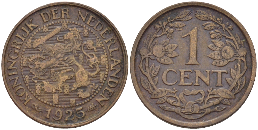 НИДЕРЛАНДЫ 1 ЦЕНТ 1925 ВИЛЬГЕЛЬМИНА (1890-1948) KM 152 бронза 100-847