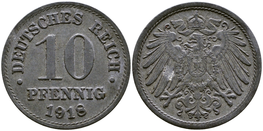 ГЕРМАНИЯ 10 ПФЕННИГОВ 1918 KM 26, J. 299 цинк 3999-621