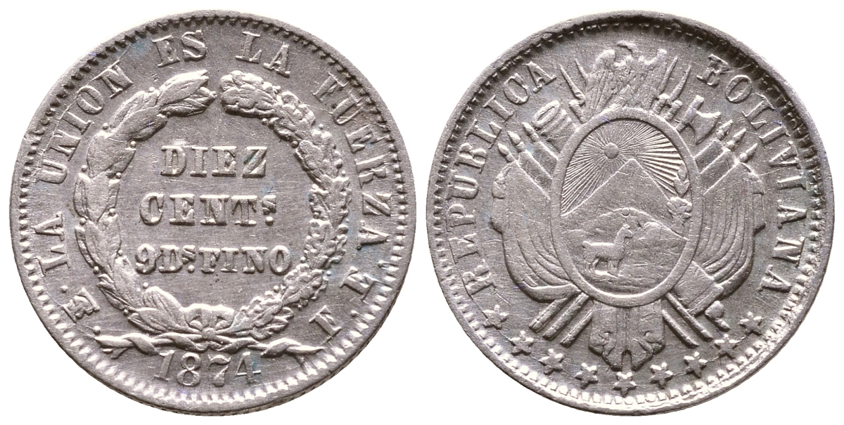БОЛИВИЯ 10 СЕНТАВО 1874 FE KM 158.1 серебро 4178-213